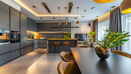 Wall Mural - Interior of modern open plan kitchen with dining table and glowi