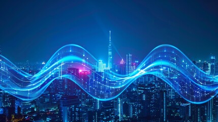 Poster - Smart city and big data connection technology concept with digital blue wavy wires with antennas on night megapolis city skyline background,
