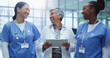 © peopleimages.com - Healthcare, happy women and doctor with tablet for medical discussion about procedure or operation. Smile, teamwork and female nurse with tech for conversation and analysis of patient surgery results