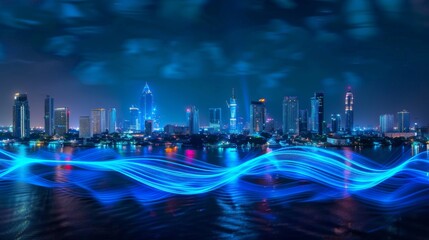 Poster - Smart city and big data connection technology concept with digital blue wavy wires with antennas on night megapolis city skyline background,
