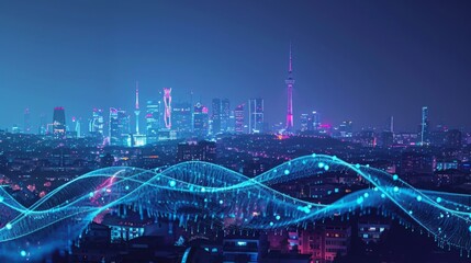 Poster - Smart city and big data connection technology concept with digital blue wavy wires with antennas on night megapolis city skyline background,