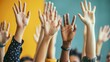 © BURINKUL - A diverse group of students raising their hands to answer a question in an interactive lesson