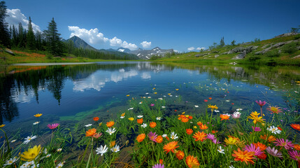 Wall Mural - A vibrant nature pond landscape with wildflowers blooming along the shore