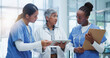 © peopleimages.com - Healthcare, women and doctor with tablet and clipboard for discussion about medical procedure or protocol. Teamwork, female people and nurse with tech for analysis of surgery results and conversation