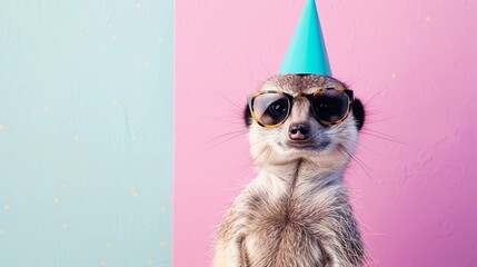 Wall Mural - meerkat in party hat and sunglasses over pastel background