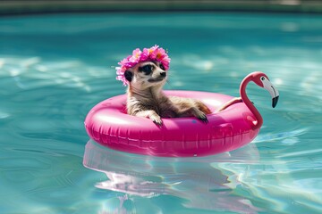 Canvas Print - meerkat with a flower crown floating on a flamingo float, peacefully gliding on a pool