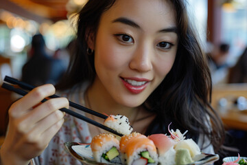 beautiful asian woman eating sushi with chopsticks