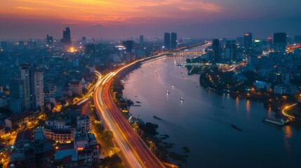 Poster - Smart city and wireless communication network concept. Digital network connection lines of Hanoi city, Vietnam