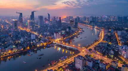 Poster - Smart city and wireless communication network concept. Digital network connection lines of Hanoi city, Vietnam