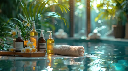 Wall Mural - Exquisite display of beauty treatment arranged on spa table in Relaxing and luxury spa resort