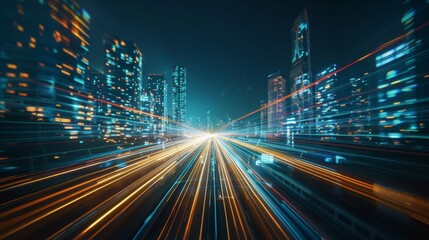 Leinwandbilder - Smart city with speed line glowing light trail surround the city. big data connection technology concept