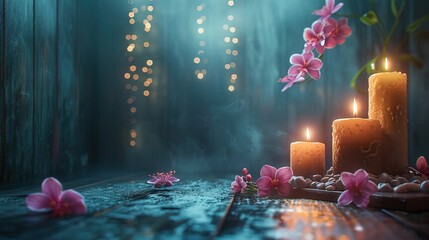 Wall Mural - Moody picture of a zen inspired spa scene with candles on a dark background 