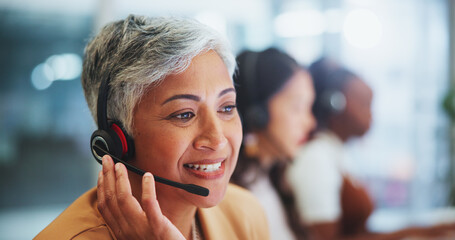 Poster - Business people, telemarketing and call center with customer service, woman and contact us. Group, mature person and employees for insurance agency, consultant and tech support with help desk and crm