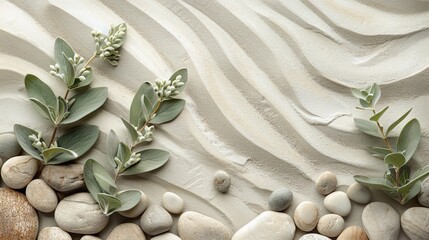 Wall Mural - Natural Harmony: Sage Twig and Pebble Rocks on Sand - Serene Botanical Background