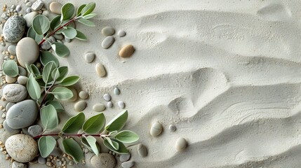 Wall Mural - Natural Harmony: Sage Twig and Pebble Rocks on Sand - Serene Botanical Background