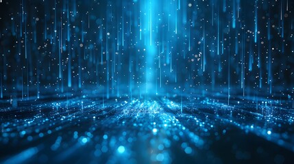 Wall Mural - Blue background with a glowing rain of data and light streaks on a dark floor, a futuristic technology concept.