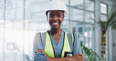 Poster - Construction worker, portrait and black woman with arms crossed for confidence, engineering or project management. Smile, contractor and person for maintenance, building renovation or architecture