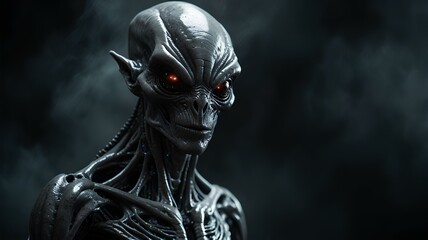 Wall Mural - Scary gray alien walks and looks blinking on a dark smoky background. UFO futuristic concept.