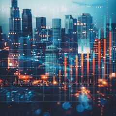 Poster - Stock market business concept. Financial graphs and digital indicators with modernistic urban area and skyscrapers as background.