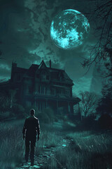 Wall Mural - A man walks towards a large, ominous house under a brightly glowing moon