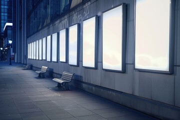 Wall Mural - Row of empty billboards on the facade of a modern building, mockup concept, set on a city street backdrop