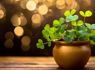 Poster - Green clover plant in pot aligned to the right on wooden table with bokeh light background