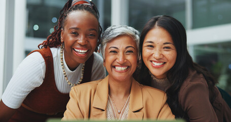 Poster - Happy, business woman and diversity in portrait for solidarity, confidence and pride in company. Excited, corporate group and agency with smile for staff inclusion and empowerment in office.