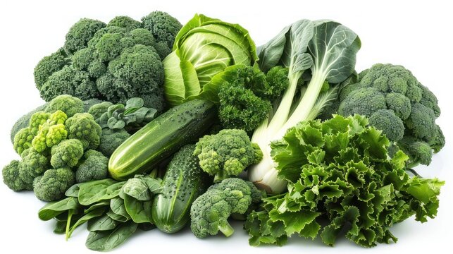  assorted green vegetables arranged beautifully in a pile isolated on a white background, deep and rich colors, emphasis on texture and details of ingredients,