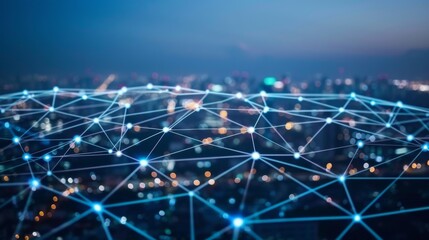 Poster - Wireless network, Connection technology concept, Information communication network, abstract line connection on night city background