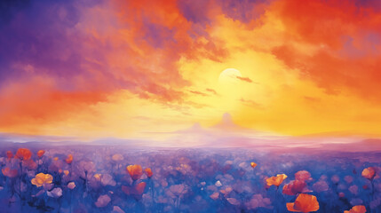 Wall Mural - Watercolor sunset over field of flowers landscape. The sky is filled with warm, orange and yellow hues, while the flowers in the foreground appear in shades of purple and blue