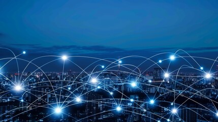 Poster - Wireless network, Connection technology concept, Information communication network, abstract line connection on night city background