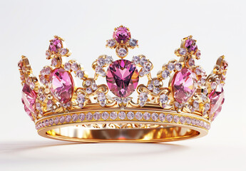 Elegant golden crown adorned with pink gemstones and diamonds in 3D illustration