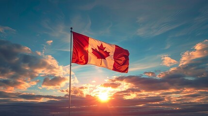 A Canadian flag flies high at sunset