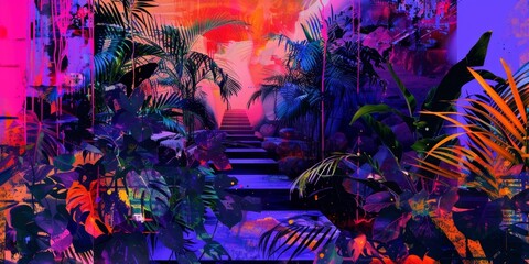 Poster - Holographic Neon Lights Illuminate Tropical Stairway