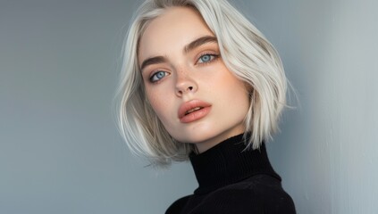 Wall Mural - Beautiful young woman with white hair in a hairstyle bob cut, blue eyes and bright makeup wearing a stylish turtleneck sweater posing on a gray background. Fashion portrait of an attractive girl