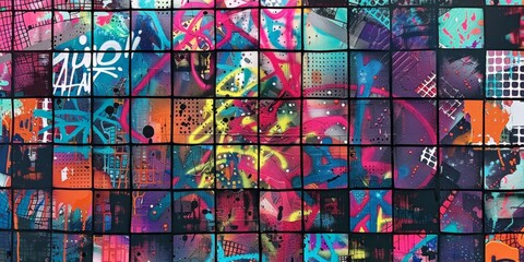 Poster - Colorful Holographic Grid Artwork Displayed in a Gallery