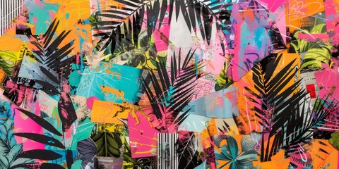 Poster - Vibrant Collage of Tropical Palm Leaves and Urban Graffiti