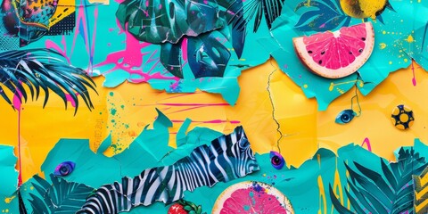 Poster - Vibrant Tropical Collage Featuring Torn Paper, Zebra Stripes, and Fruit