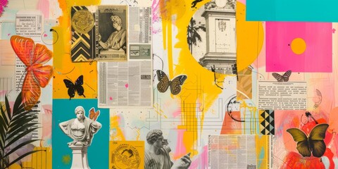 Poster - A Colorful Collage Featuring Butterflies, Statues, and Newspaper Fragments