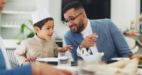 Canvas Print - Ramadan, talking and father with child at home for dinner, islamic celebration or waiting for food. Eid mubarak, culture or religious gathering with discussion, dad or son for bonding at dining table