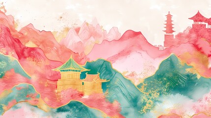Wall Mural - Pink and gold green mountain pavilion illustration poster background