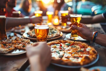 Close-up picture of people drinking beer and eating pizza on balcony at brewery pub table - Happy friends having dinner party at pizzeria restaurant -, Generative AI