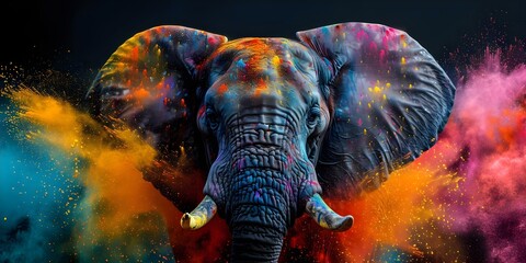 Wall Mural - Colorful elephant celebrating Holi festival with vibrant color powder explosion background. Concept Holi Festival, Colorful Elephant, Vibrant Color Powder, Celebration, Background Explosion