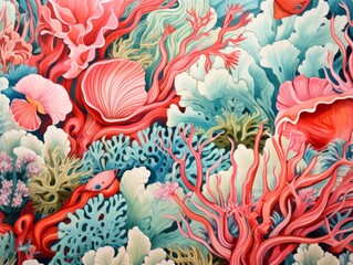 A painting of a coral reef with many different colored sea creatures