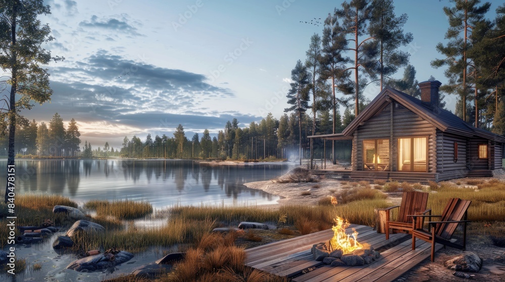 A modern cabin by the lake, with an outdoor fire pit on its wooden deck ...