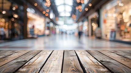 Sticker - Wooden table with a blurred shopping mall background