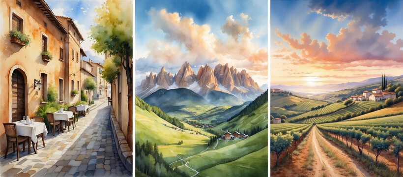 Watercolor prints set with old european cute city street, sunset mountain landscapes with village and vineyards watercolor illustrations inspared by Italy