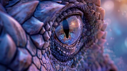 Wall Mural - A close up of a dragon's eye with purple and blue colors, AI