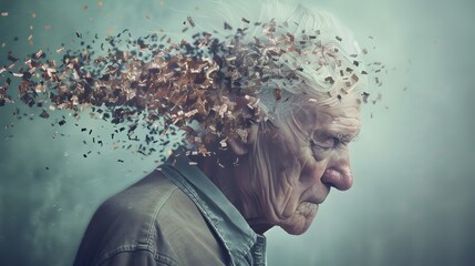 Surreal portrait of an elderly man with his head disintegrating into particles, symbolizing memory loss or dementia.