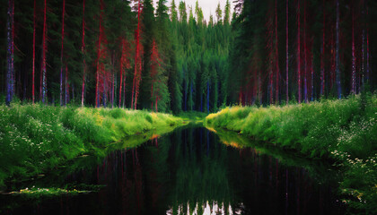 Wall Mural - Finnish Nature Day. fabulous nature. green dense forest. green grass. forest vegetation. summer nature. sunset. sunrise. A stream in the forest